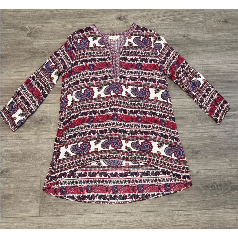 Umgee USA Women's 1XL Boho Paisley‎ Print Long Sleeve Tunic Blouse Dress